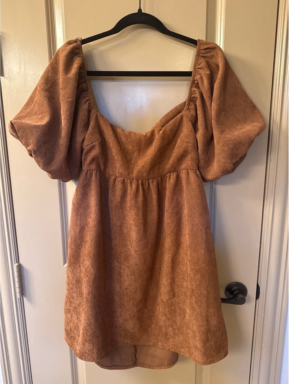Blue Rain Brown Puff Sleeve Mini Dress with Tie Back Detail